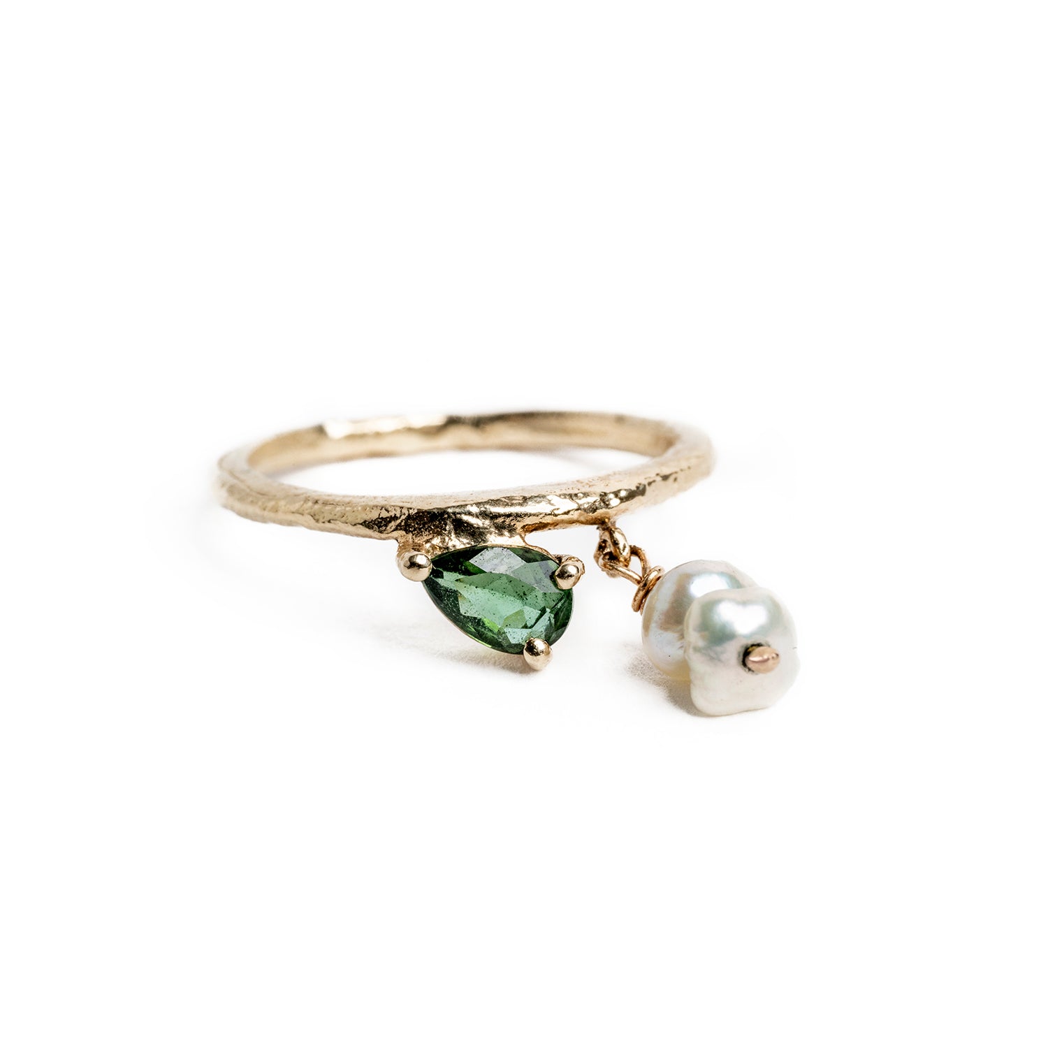 Uji Ring in 14K Solid Gold, Tourmaline, and Baroque Pearls