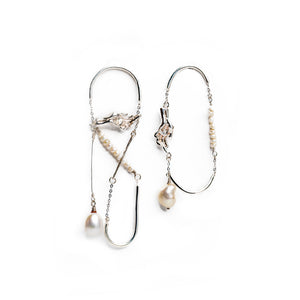Osaka Asymmetric Statement Earrings in Silver and Baroque Pearls